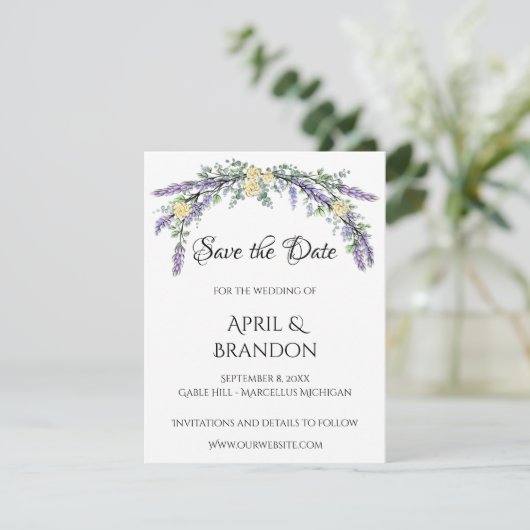 Lavender Yellow Rose und Eukalyptus Wedding Save The Date (Stehend Vorderseite)