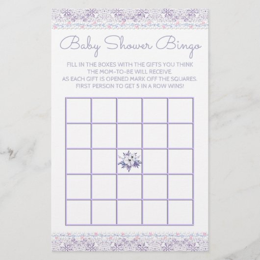 Lavener Lace Girl Babydusche Bingo Card (Vorderseite)