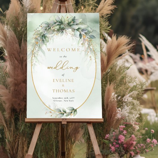 Lavische grüne Blattgold Rahmen Hochzeit Begrüßung Poster