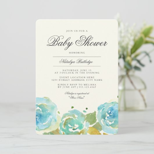 Lavish Florals Baby Dusche Einladung (Stehend Vorderseite)