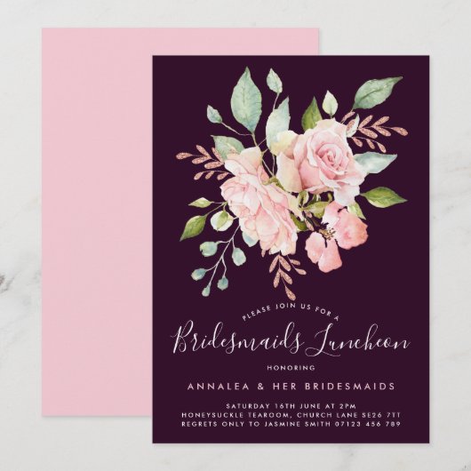 Lavish Pink Roses & Glitzer Bridesmaids Luncheon Einladung (Vorne/Hinten)
