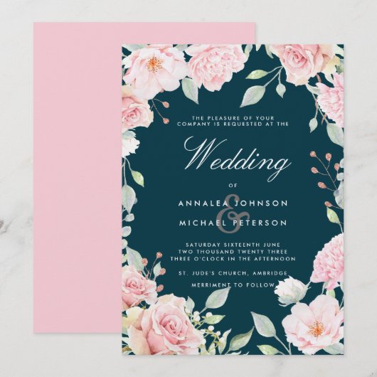 Lavish Pink Roses Rahmen Wedding Einladung (Vorne/Hinten)