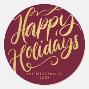 Lavish Script Happy Holidays Red & Imitate Gold Runder Aufkleber