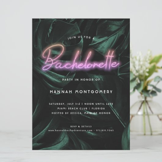 Lavish Tropical Palms | Neon Lights Bachelorette Einladung (Stehend Vorderseite)