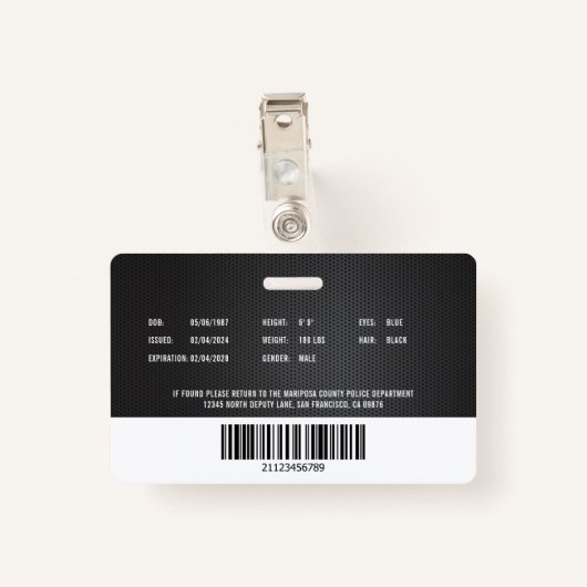 Law Enforcement Police Department Employee ID Ausweis (Rückseite mit Klammer)