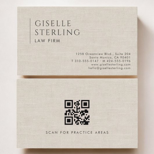 Law Firm Luxury Neutral Linen QR Code Visitenkarte
