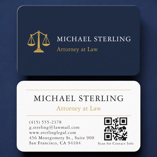 Law Firm Navy Blue Gold QR Code Professional Visitenkarte