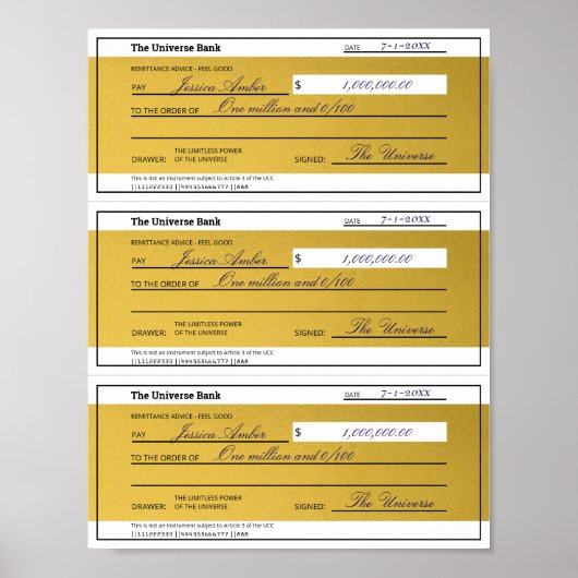 Law of Attraction 3 Blank Printable Gold Checks Poster (Vorne)