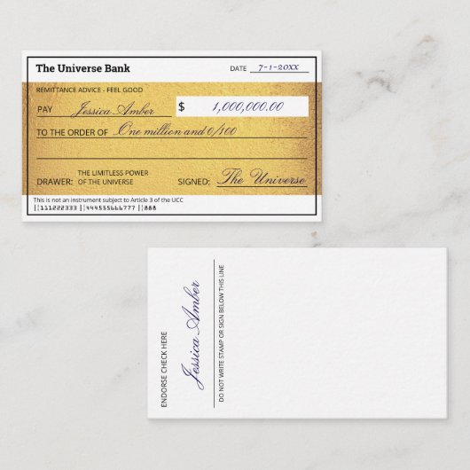 Law of Attraction Gold Manifestation Blank Check Mitteilungskarte (Vorne/Hinten)