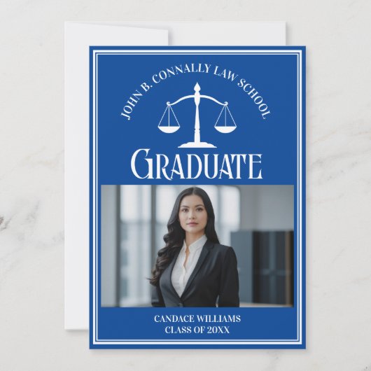 Law School Foto Custom Blue White Abschluss Ankündigung (Vorderseite)