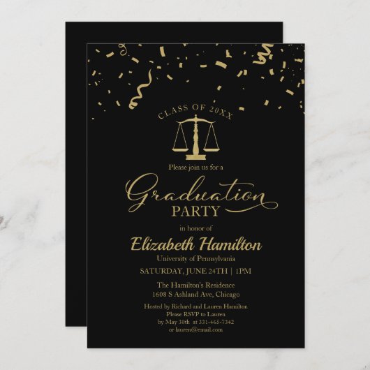 Law School Graduation Party Gold Confetti Black Einladung (Vorne/Hinten)