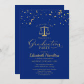 Law School Graduation Party Gold Confetti Blue Einladung (Vorne/Hinten)