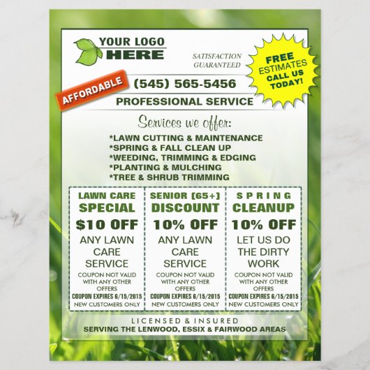 Lawn Care 8.5 x 11 Flyer ADD LOGO Custom Coupons (Vorne)
