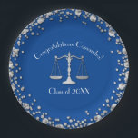 Lawyer Blue Silver Abschluss Pappteller<br><div class="desc">Blau und silber Abschluss Design ist modern und elegant mit einer Waage und Konfetti Grenze. Ideal für einen Jurastudenten!</div>