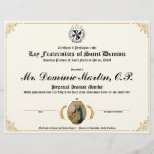 Lay Dominican Certificate (Vorderseite)