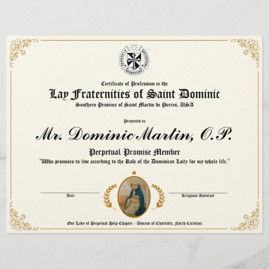 Lay Dominican Certificate (Vorderseite)
