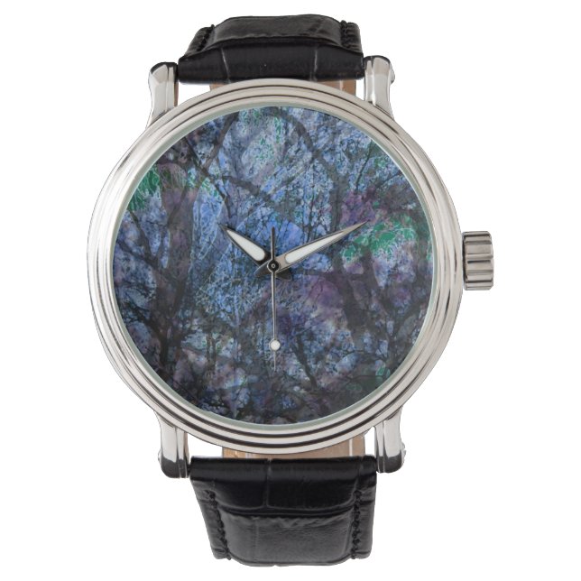 Layered Forest Blue und Black Abstrakt Armbanduhr (Vorderseite)