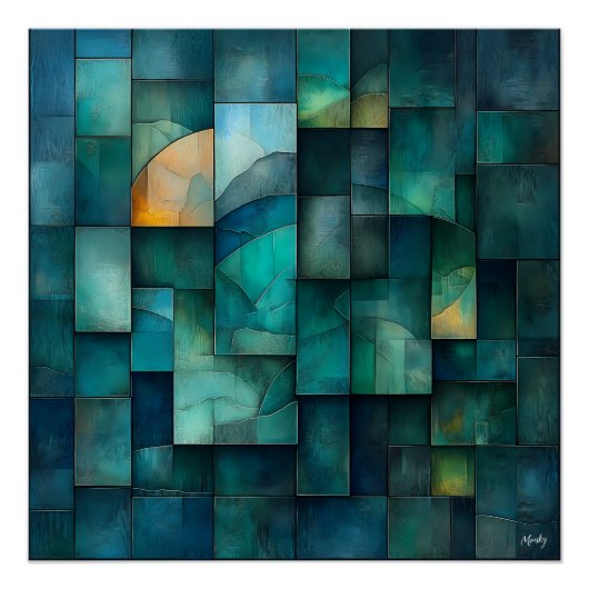 Layered Geometric Abstrakt Art - Aquamarin und bla Poster (Vorderseite)