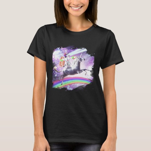 Lazer Rave Space Cat Riding Unicorn With Hotdog T-Shirt (Vorderseite)