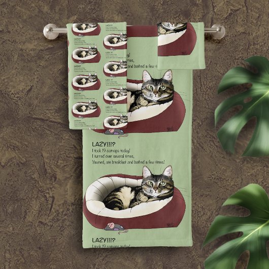 Lazy Cat Bed Green Funny Badhandtuch Set