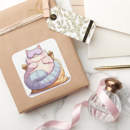 Lazy Cat Snack Nap Quadratischer Aufkleber (Schenken)