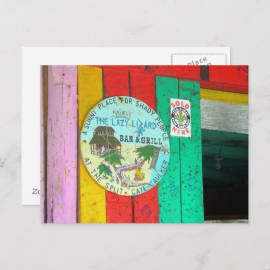 Lazy Lizard Sign auf Caye Caukler Belize Postcard Postkarte (Vorne/Hinten)