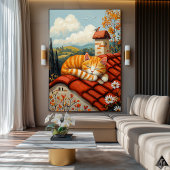 Lazy Rooftop Cat - Naïf Cosy Countryside Art Poster