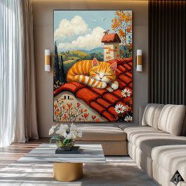 Lazy Rooftop Cat - Naïf Cosy Countryside Art Poster