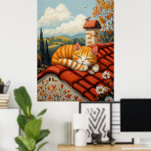 Lazy Rooftop Cat - Naïf Cosy Countryside Art Poster (Heimbüro)