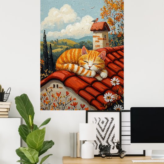 Lazy Rooftop Cat - Naïf Cosy Countryside Art Poster (Heimbüro)