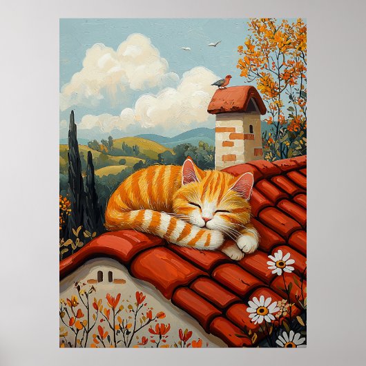 Lazy Rooftop Cat - Naïf Cosy Countryside Art Poster (Vorne)