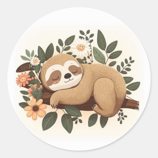 Lazy sloth sleeping on a branch cartoon runder aufkleber (Vorderseite)