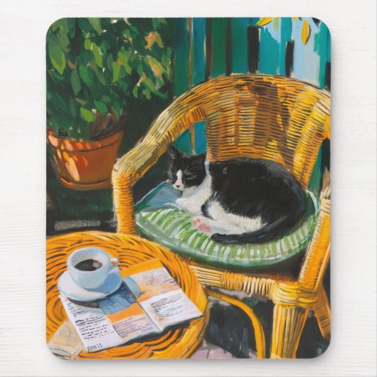 Lazy Sunday Morning | Gemütliches Cat & Coffee-Gem Mousepad (Vorne)