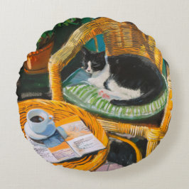 Lazy Sunday Morning | Gemütliches Cat & Coffee-Gem Rundes Kissen