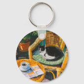 Lazy Sunday Morning | Gemütliches Cat & Coffee-Gem Schlüsselanhänger (Vorderseite)