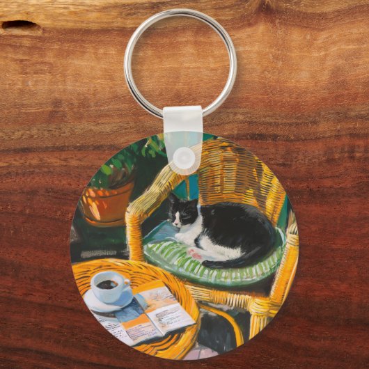 Lazy Sunday Morning | Gemütliches Cat & Coffee-Gem Schlüsselanhänger (Rückseite)