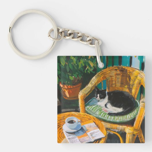 Lazy Sunday Morning | Gemütliches Cat & Coffee-Gem Schlüsselanhänger (Vorderseite)