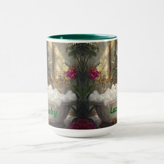 Lazy und glücklicher roter Cat in Luxusbath Tasse (Zentrum)