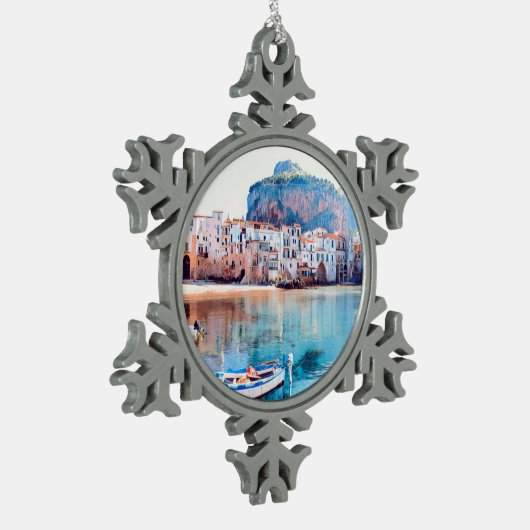 ldp CEFALæ- Sizilien - Strand - Panorama Schneeflocken Zinn-Ornament (Links)