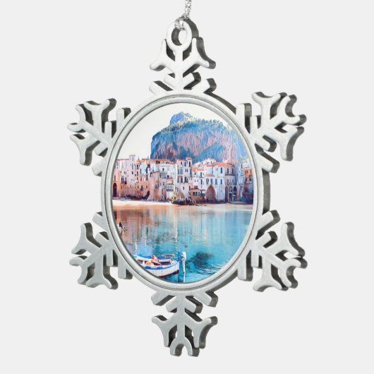 ldp CEFALæ- Sizilien - Strand - Panorama Schneeflocken Zinn-Ornament (Rechts)