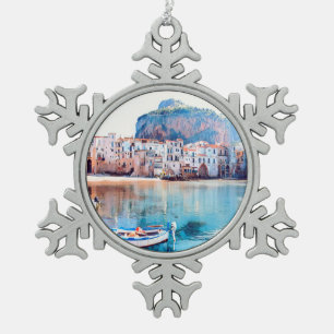 ldp CEFALLEE - Sizilien - Strand - Panorama Schneeflocken Zinn-Ornament