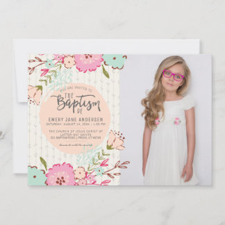 LDS BAPTISM FOTO INVITE | Elegante Blumengürtel Einladung
