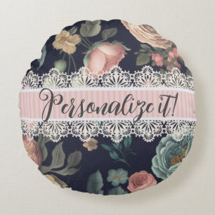 Le Boudoir Noir Vintag Lace und Fabric Rundes Kissen