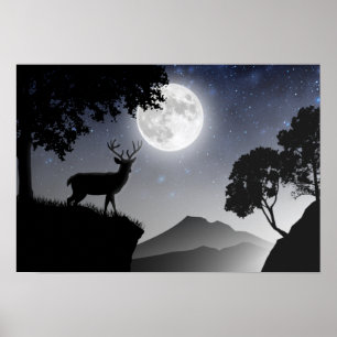Le cerf sous la lune noir et blanc poster