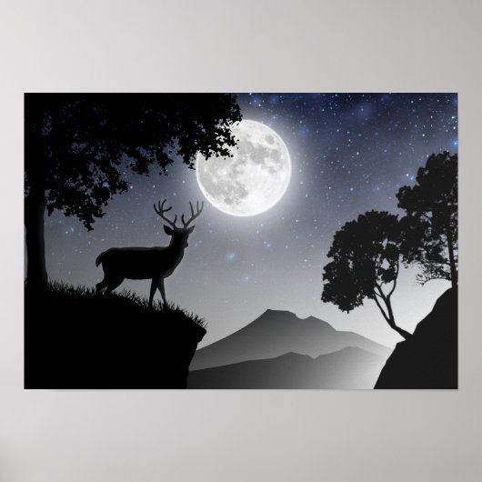 Le cerf sous la lune noir et blanc poster (Vorne)