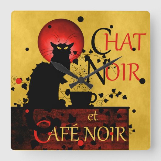 Le Chat Noir et Café Noir Quadratische Wanduhr (Vorderseite)