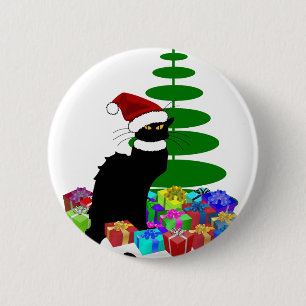 Le Chat Noir mit Weihnachtsbaum und Geschenken Button