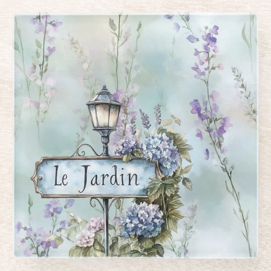 Le Jardin (der Garten) Hübsche violette Blumen Glasuntersetzer (Vorderseite)