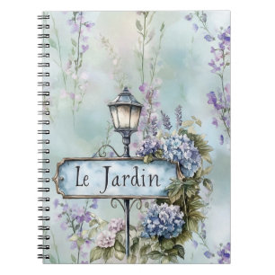 Le Jardin (der Garten) Hübsche violette Blumen Notizblock