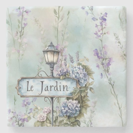 Le Jardin (der Garten) Hübsche violette Blumen Steinuntersetzer (Vorderseite)
